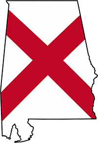 Alabama state outline with flag in-fill