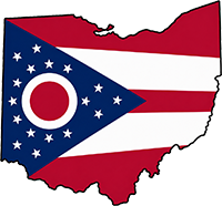 Ohio state outline with flag in-fill