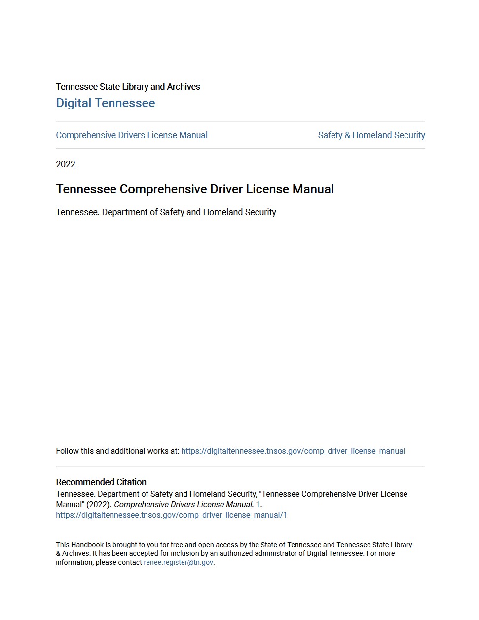 Tennessee Comprehensive Driver License Manual