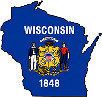 Wisconsin state outline with flag in-fill