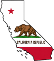 California state outline with flag in-fill