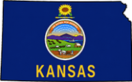 Kansas state outline with flag in-fill