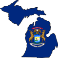 Michigan state outline with flag in-fill