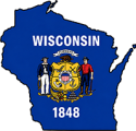 Wisconsin state outline with flag in-fill